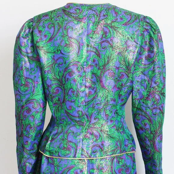 Lillie Rubin Jacket Skirt Suit 2pc Silk Jacquard Abstract Metallic Vintage - Picture 6 of 9